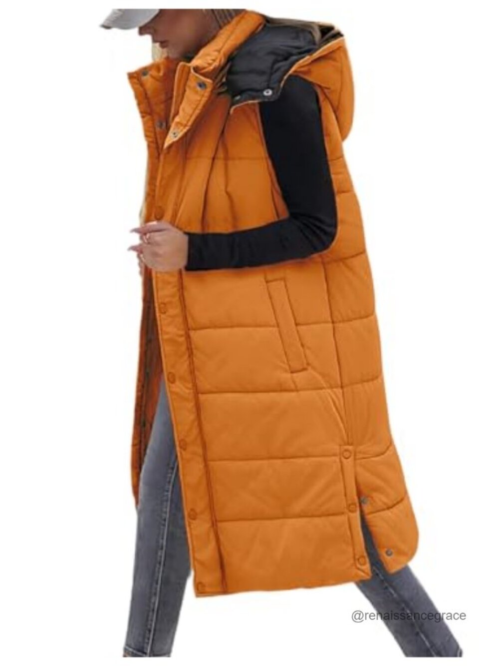 Long Puffer Vest with Hood Sleeveless Quilted Winter Coat Warm Layering